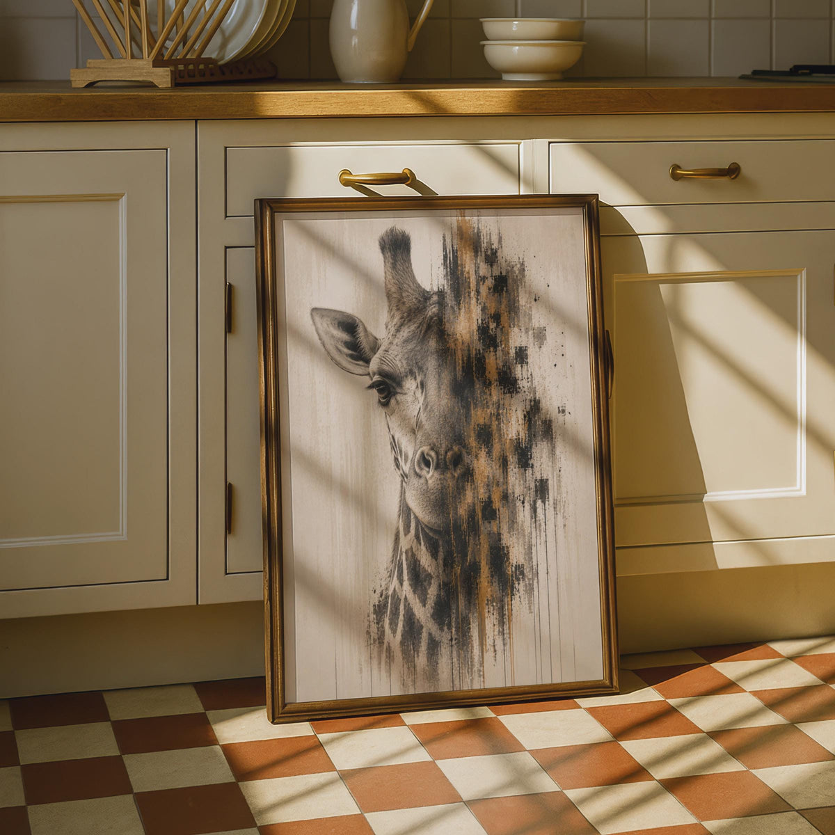 Giraffe Portrait Poster, Abstract Wildlife Wall Art, Neutral Toned Safari Animal Print for Home
