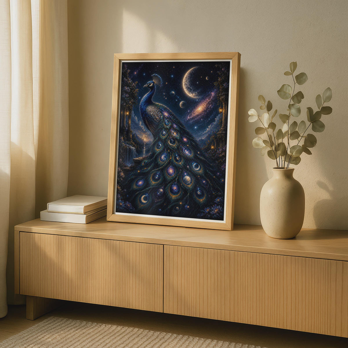 Celestial Peacock Poster, Galaxy Night Sky Bird Wall Art, Mystical Moon Stars Print