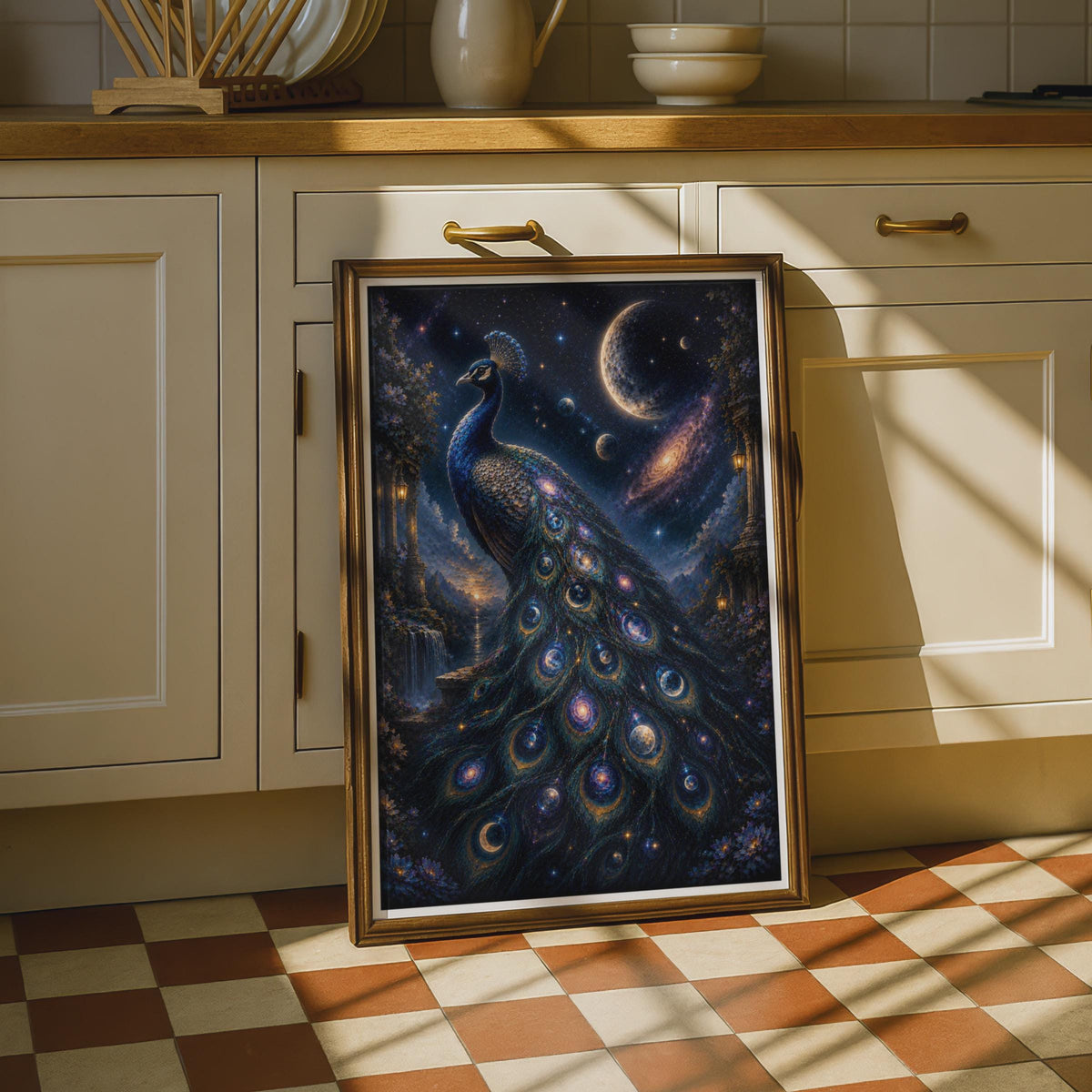 Celestial Peacock Poster, Galaxy Night Sky Bird Wall Art, Mystical Moon Stars Print