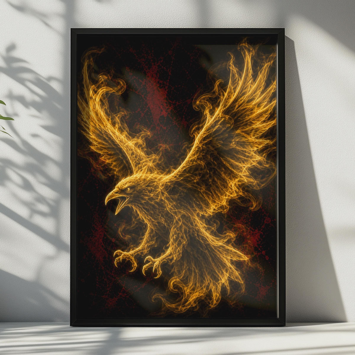 Fire Eagle Poster, Flaming Bird Wall Art, Gold Black Fantasy Mythical Creature Print