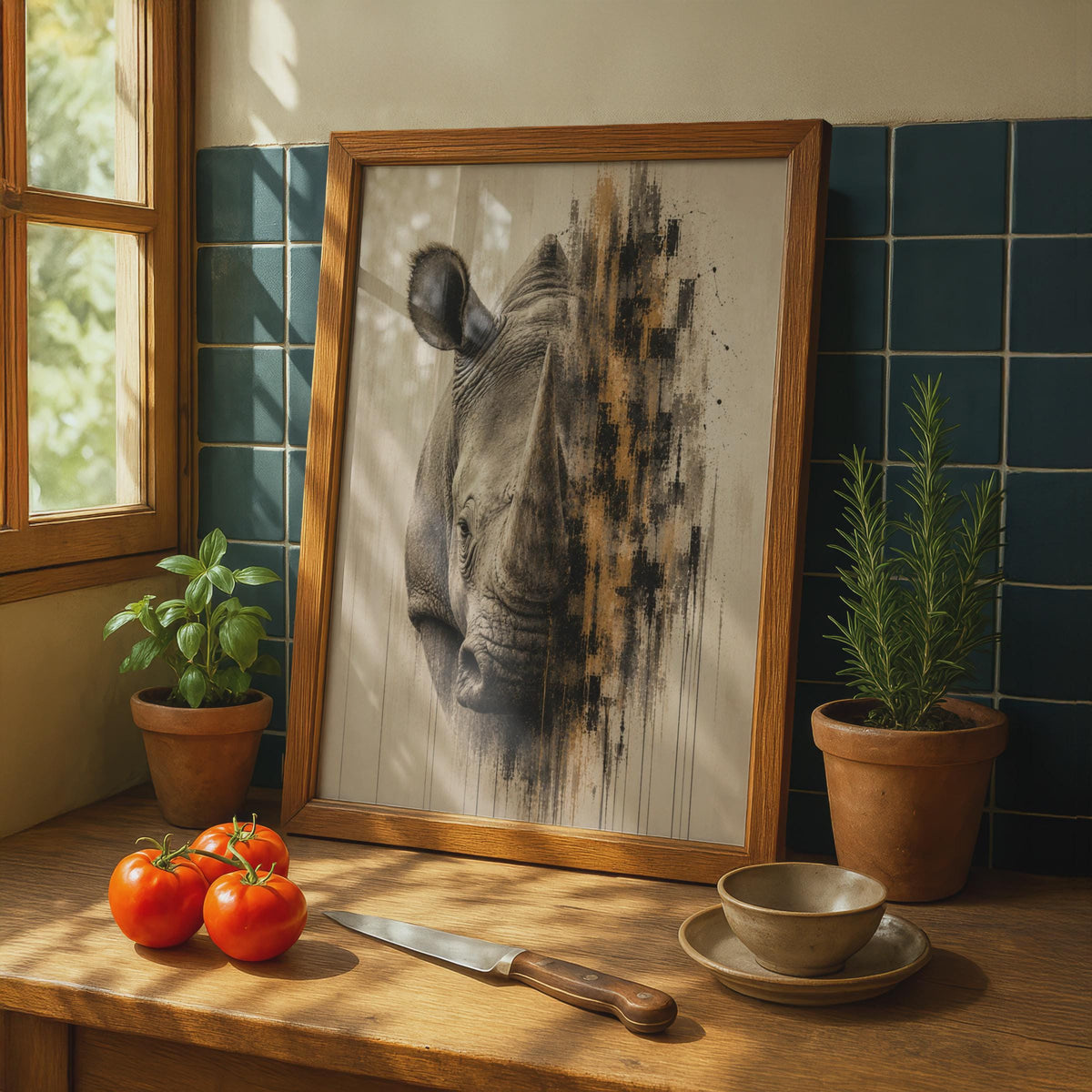 Rhino Portrait Poster, Abstract Wildlife Wall Art, Safari Animal Print, Beige Gold Black Decor