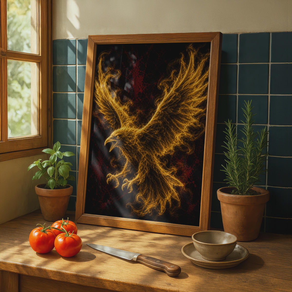 Fire Eagle Poster, Flaming Bird Wall Art, Gold Black Fantasy Mythical Creature Print