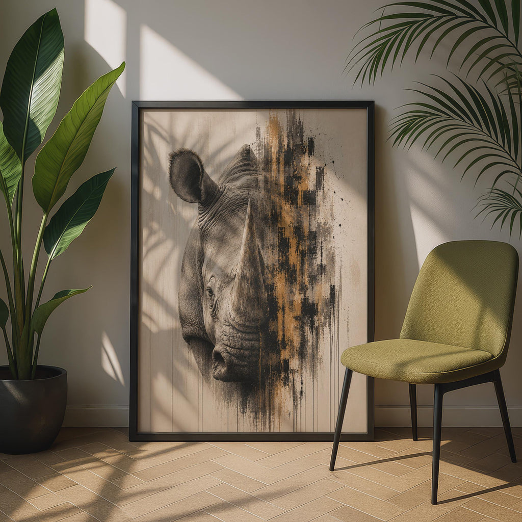 Rhino Portrait Poster, Abstract Wildlife Wall Art, Safari Animal Print, Beige Gold Black Decor
