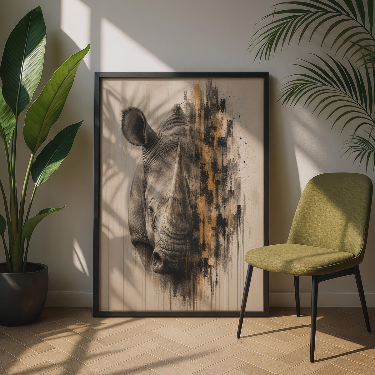 Rhino Portrait Poster, Abstract Wildlife Wall Art, Safari Animal Print, Beige Gold Black Decor