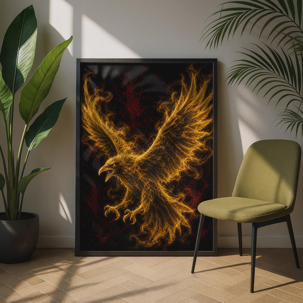 Fire Eagle Poster, Flaming Bird Wall Art, Gold Black Fantasy Mythical Creature Print