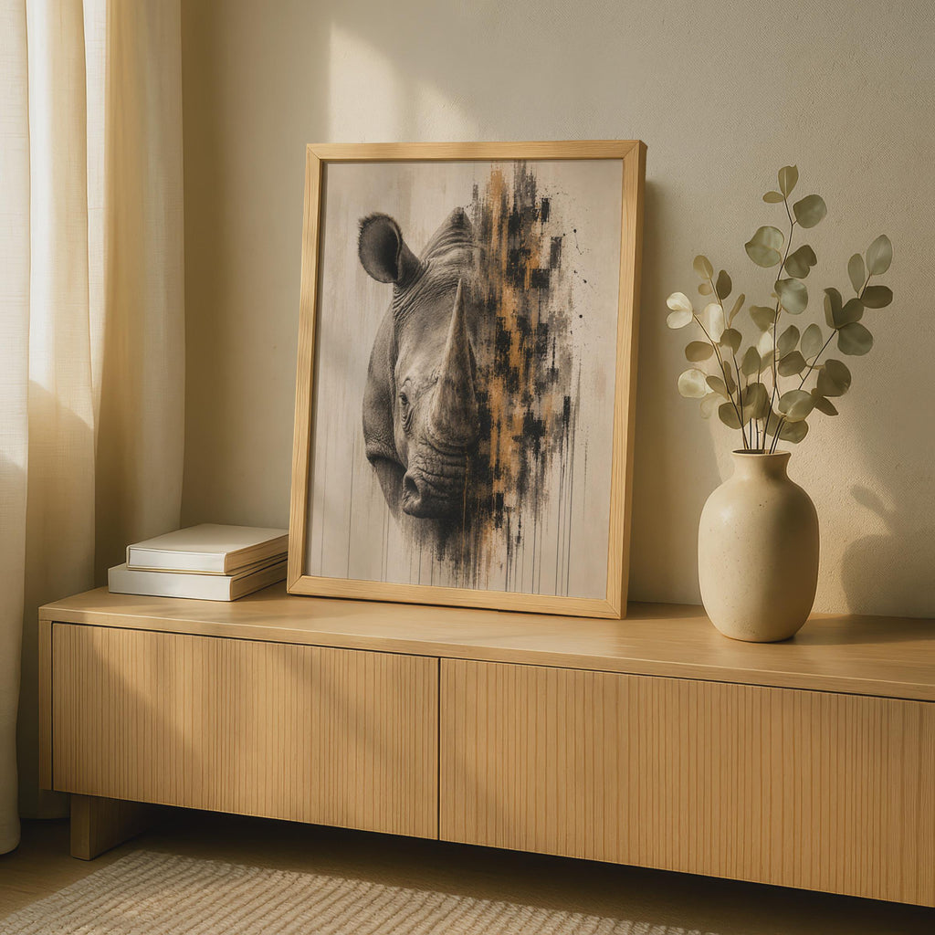 Rhino Portrait Poster, Abstract Wildlife Wall Art, Safari Animal Print, Beige Gold Black Decor