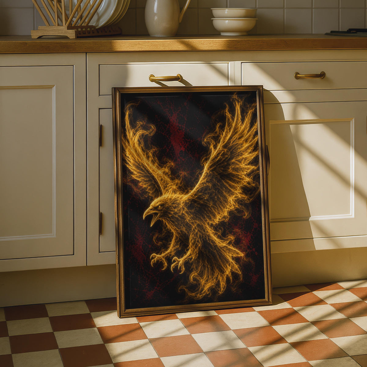 Fire Eagle Poster, Flaming Bird Wall Art, Gold Black Fantasy Mythical Creature Print