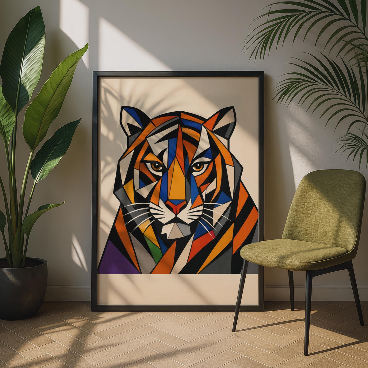 Geometric Tiger Poster, Cubist Abstract Big Cat Wall Art, Bold Orange Blue Animal Print