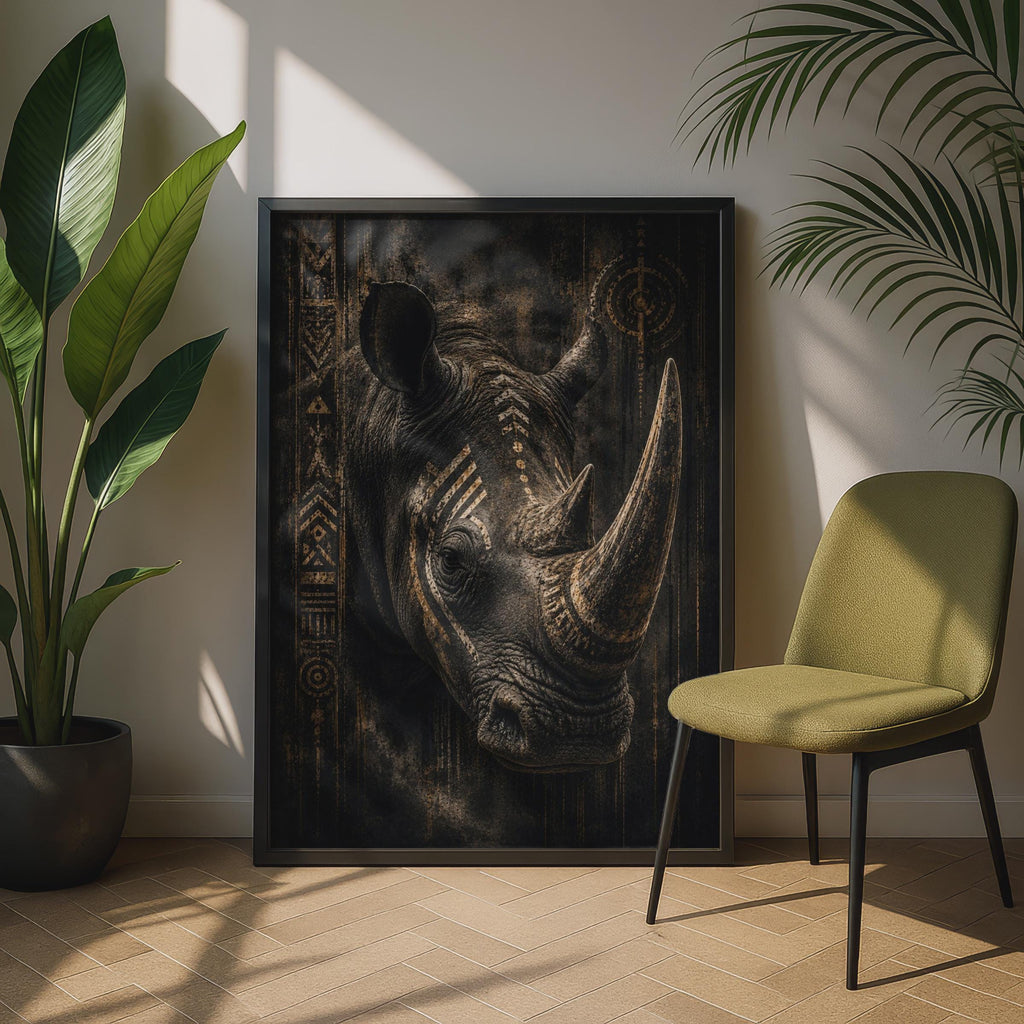 Rhino Poster Black Gold African Tribal Art, Dark Wildlife Wall Art, Bold Animal Print