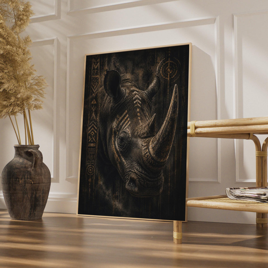 Rhino Poster Black Gold African Tribal Art, Dark Wildlife Wall Art, Bold Animal Print
