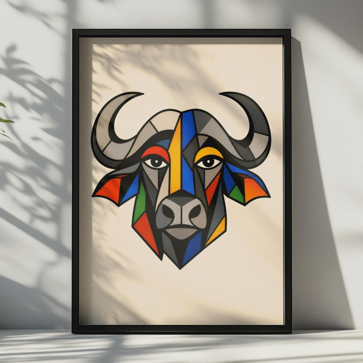 African Buffalo Geometric Art Poster, Colourful Cubist Wildlife Wall Art, Bold Animal Print