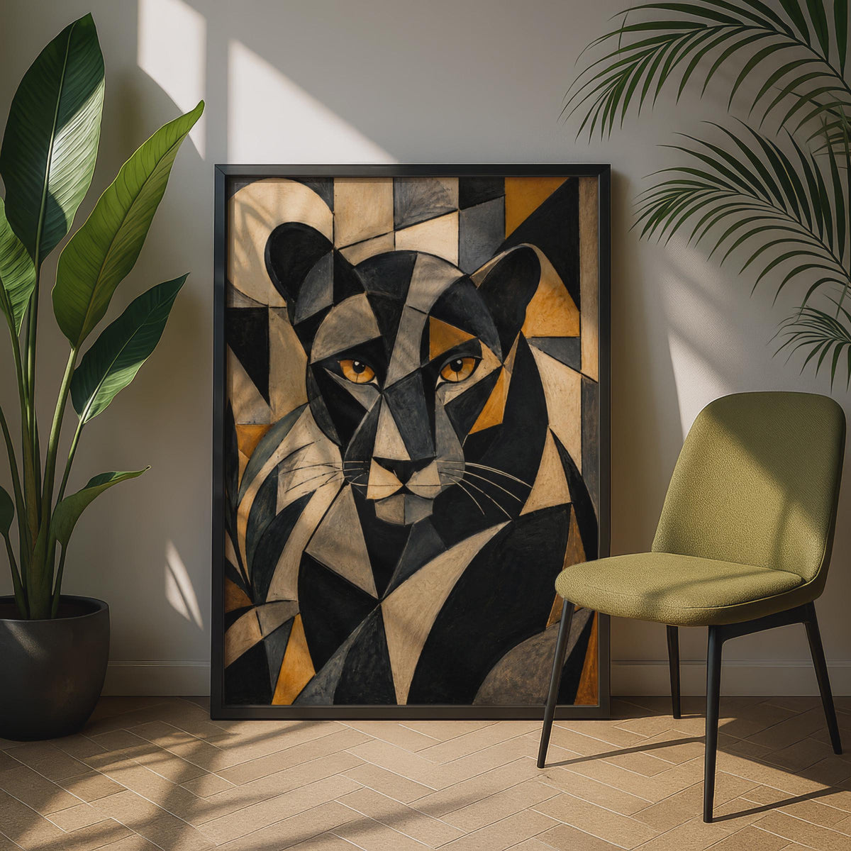 Black Panther Cubist Poster, Geometric Animal Wall Art, Gold Grey Bold Cat Print