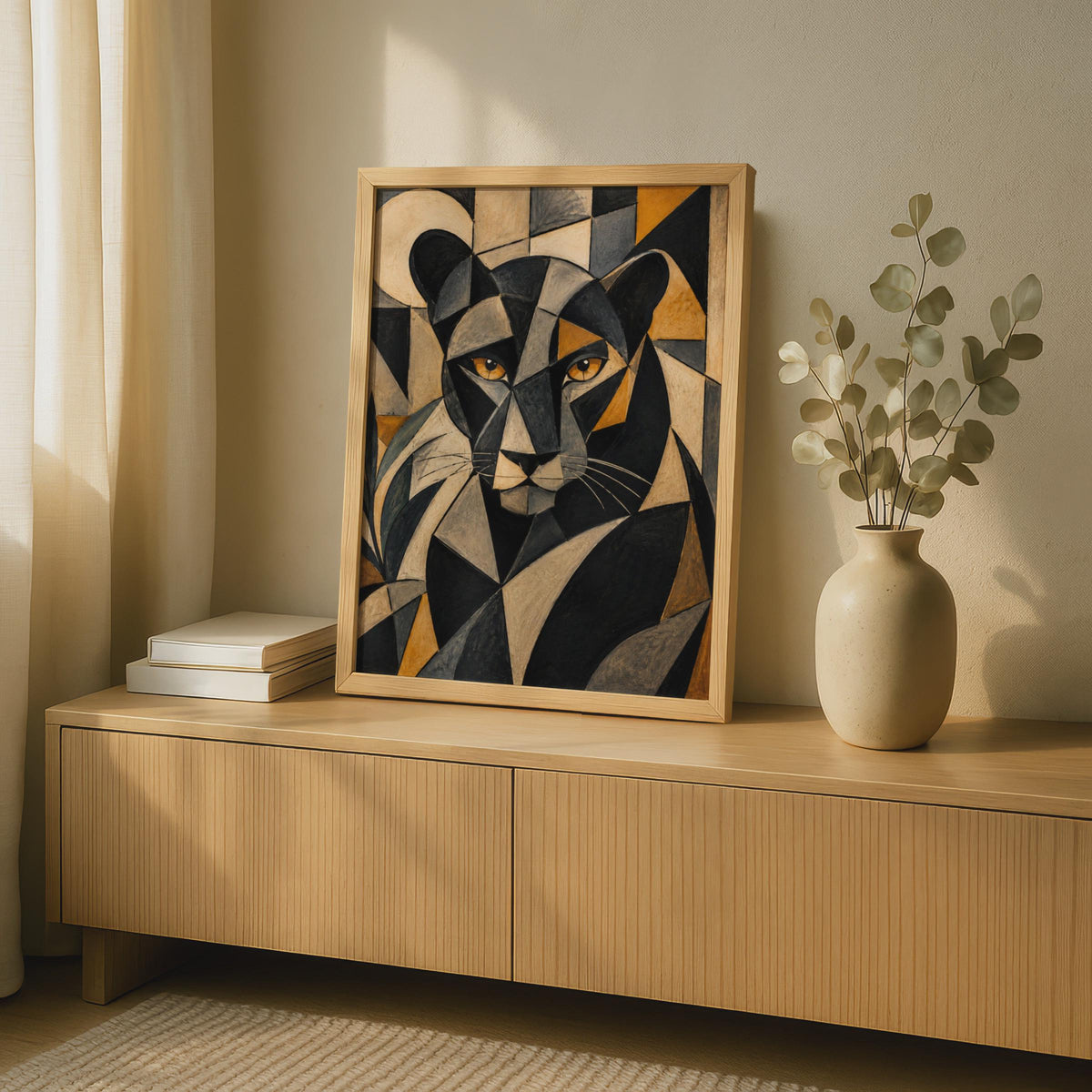 Black Panther Cubist Poster, Geometric Animal Wall Art, Gold Grey Bold Cat Print