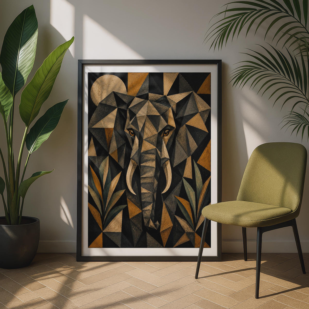 Geometric Elephant Poster, Abstract Wildlife Wall Art, Dark Cubist Animal Print, Safari Decor
