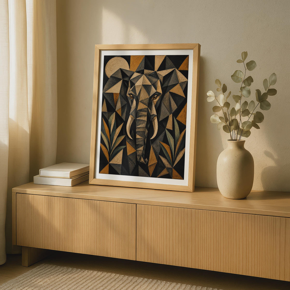 Geometric Elephant Poster, Abstract Wildlife Wall Art, Dark Cubist Animal Print, Safari Decor