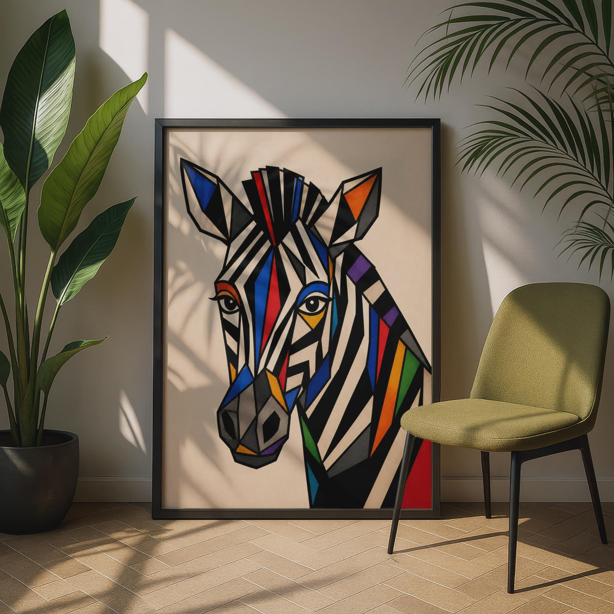 Geometric Zebra Poster, Colourful Abstract Animal Wall Art, Bold Cubist Wildlife Print