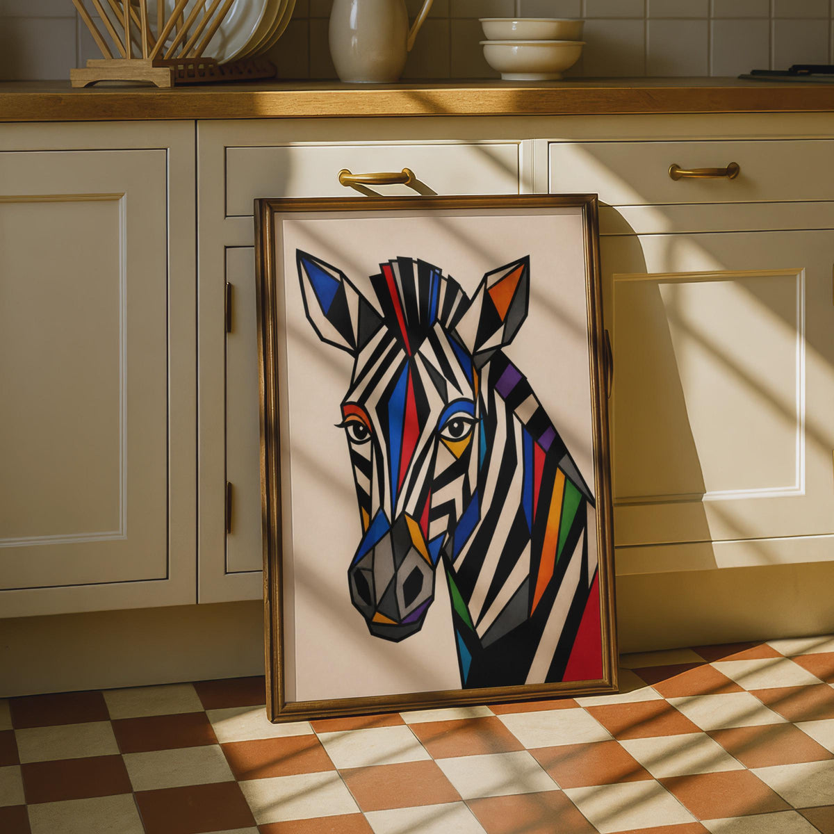Geometric Zebra Poster, Colourful Abstract Animal Wall Art, Bold Cubist Wildlife Print