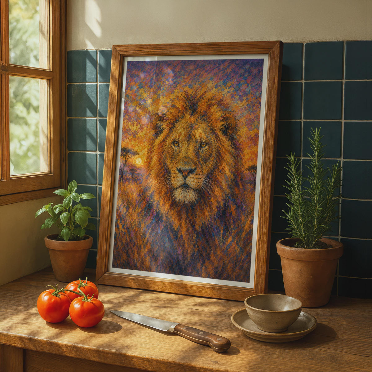Lion Portrait Poster, Pointillist African Sunset Wildlife Wall Art, Orange Purple