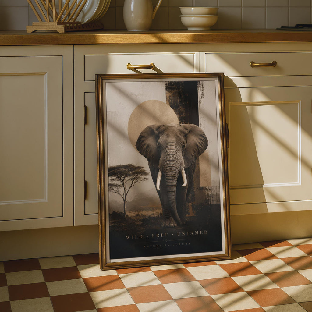Elephant Safari Poster, Wild Free Untamed, African Wildlife Wall Art, Sepia Gold Nature Print