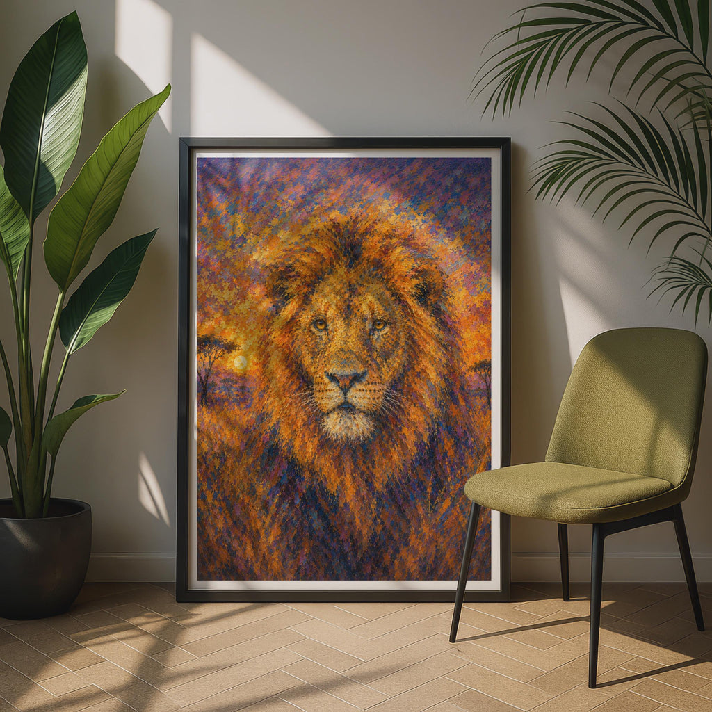 Lion Portrait Poster, Pointillist African Sunset Wildlife Wall Art, Orange Purple