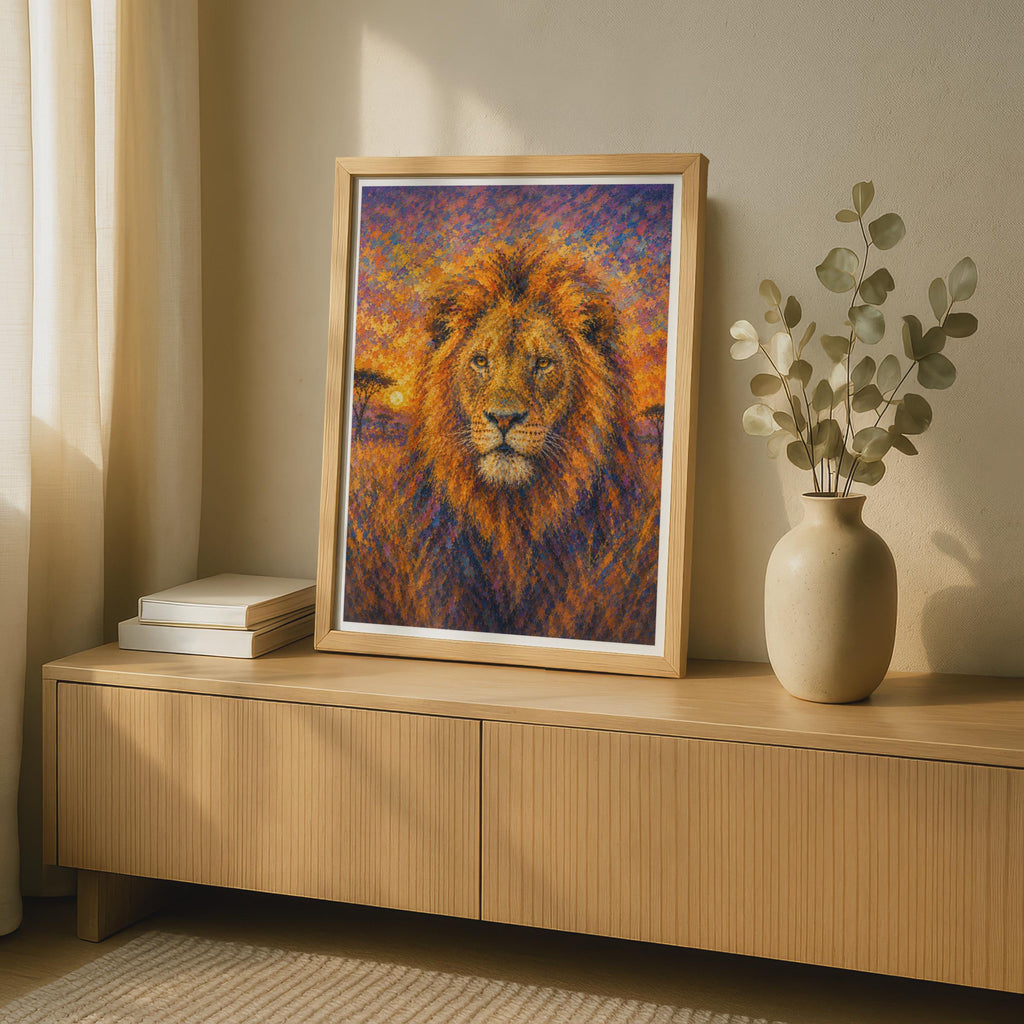 Lion Portrait Poster, Pointillist African Sunset Wildlife Wall Art, Orange Purple