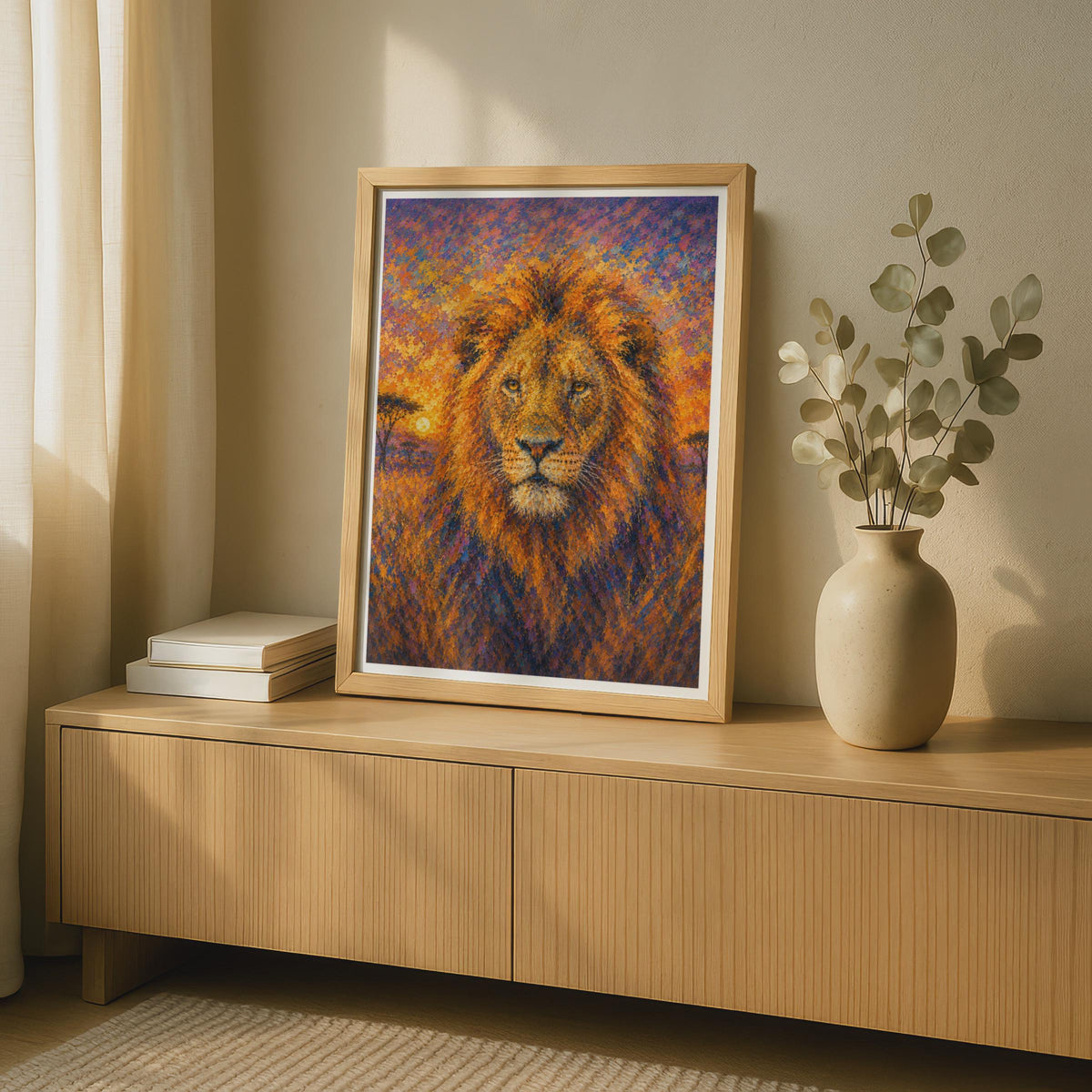 Lion Portrait Poster, Pointillist African Sunset Wildlife Wall Art, Orange Purple