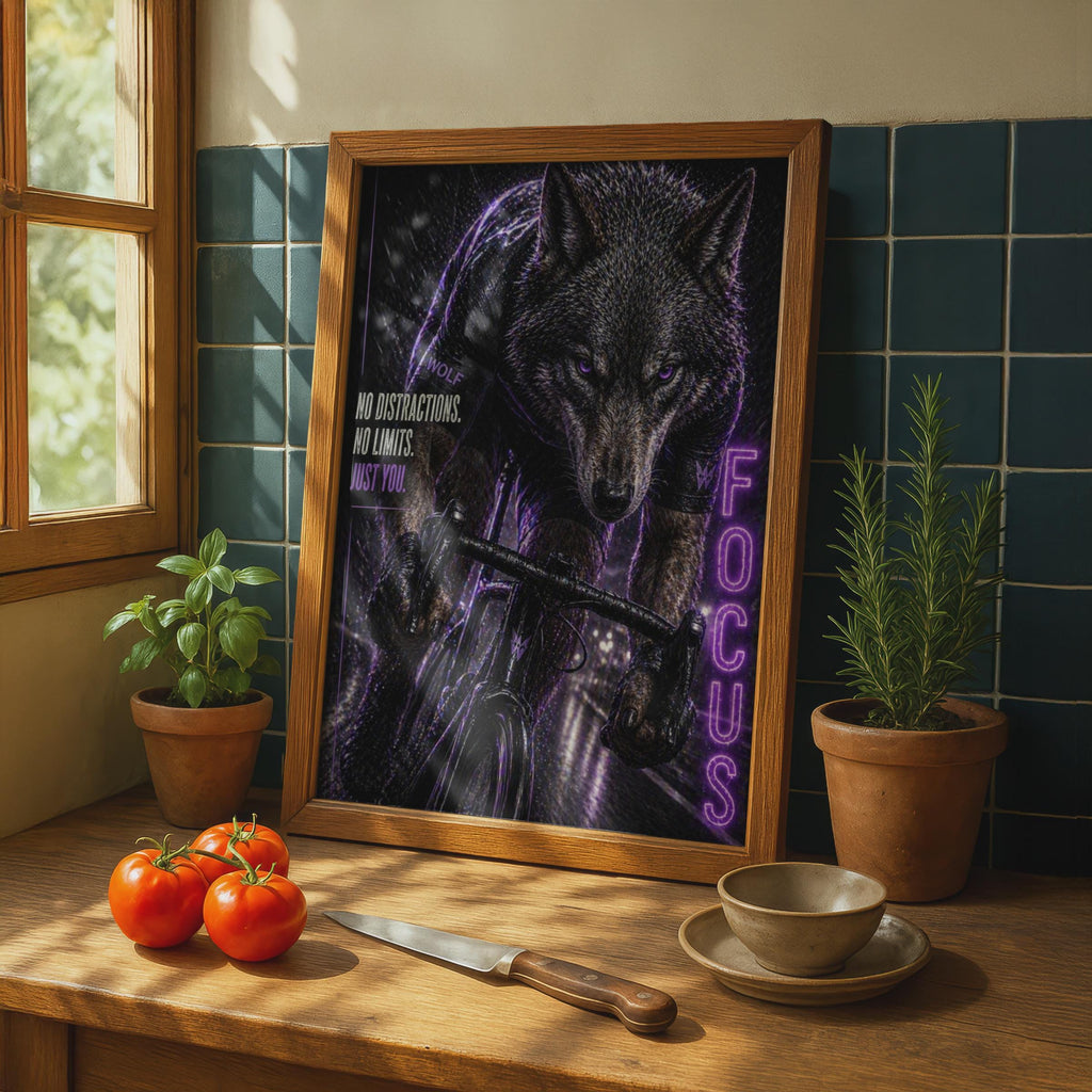 Wolf Cycling Focus Poster, Motivational Bike Wall Art, Dark Purple Sports Print for Gym