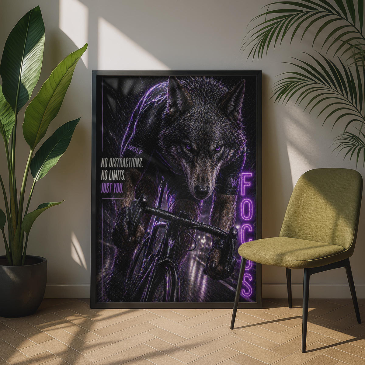 Wolf Cycling Focus Poster, Motivational Bike Wall Art, Dark Purple Sports Print for Gym