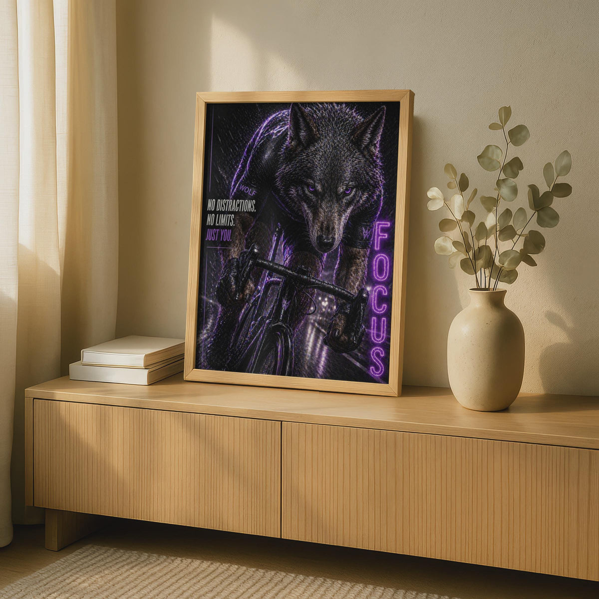 Wolf Cycling Focus Poster, Motivational Bike Wall Art, Dark Purple Sports Print for Gym