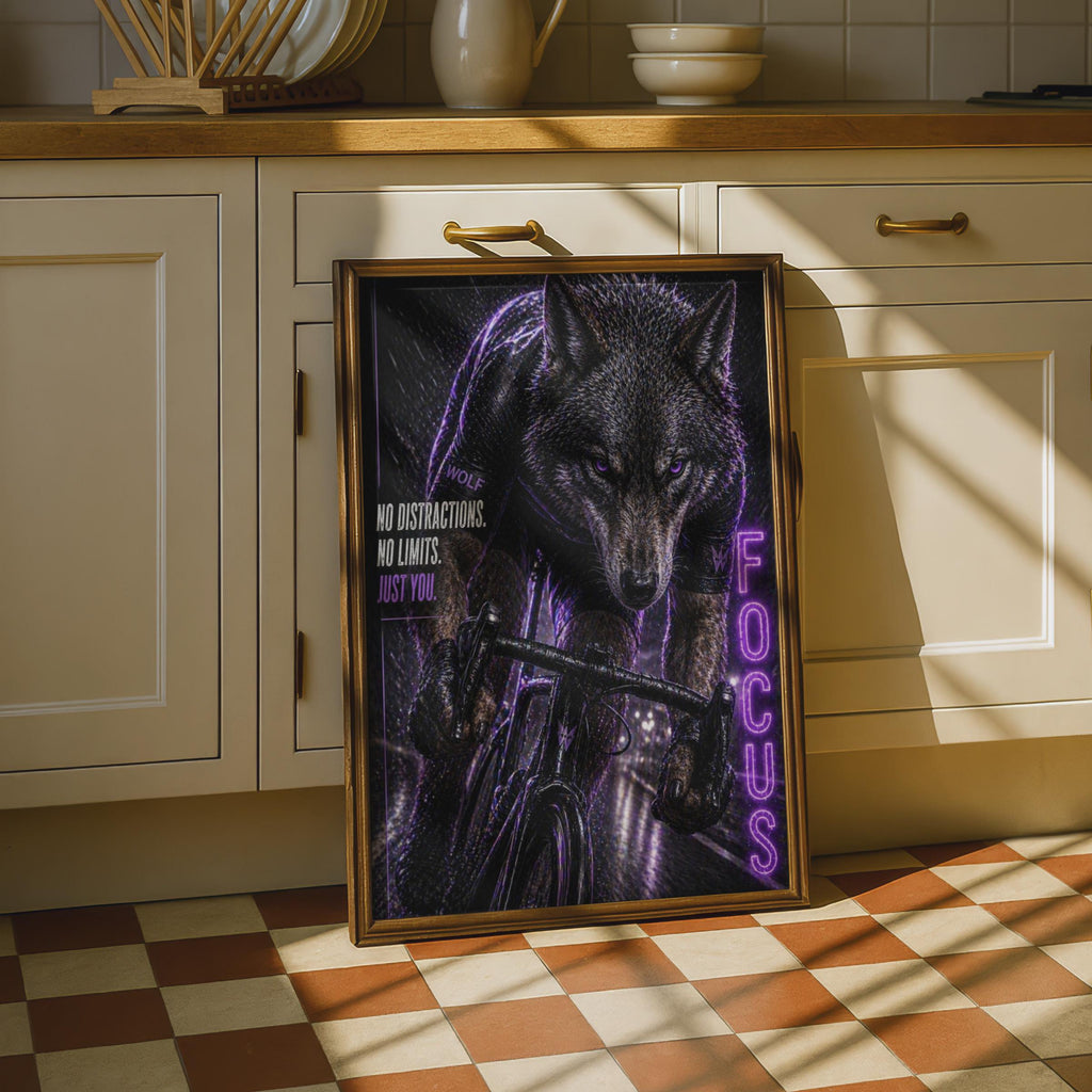 Wolf Cycling Focus Poster, Motivational Bike Wall Art, Dark Purple Sports Print for Gym