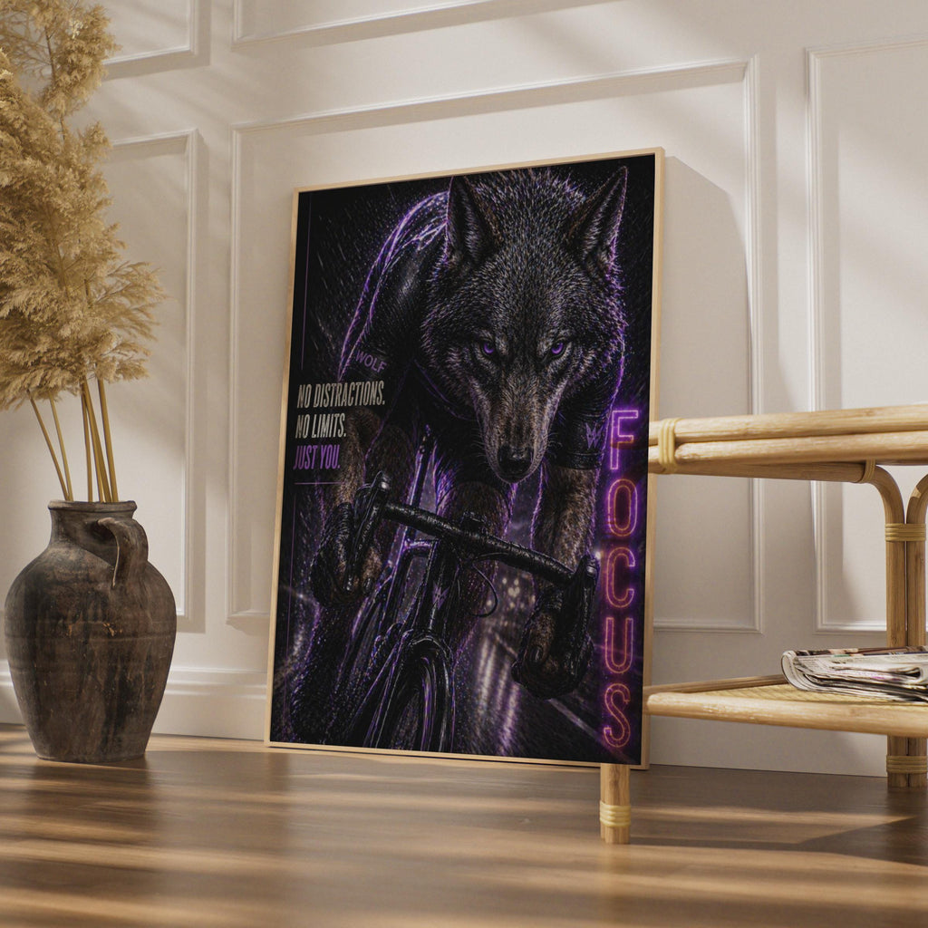 Wolf Cycling Focus Poster, Motivational Bike Wall Art, Dark Purple Sports Print for Gym