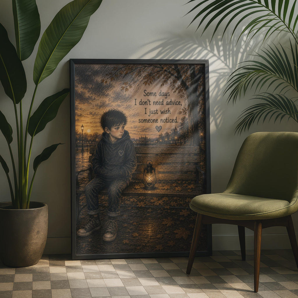 Lonely Boy Bench Poster, Autumn Quote Wall Art, Emotional Mental Health Print, Moody Illustration
