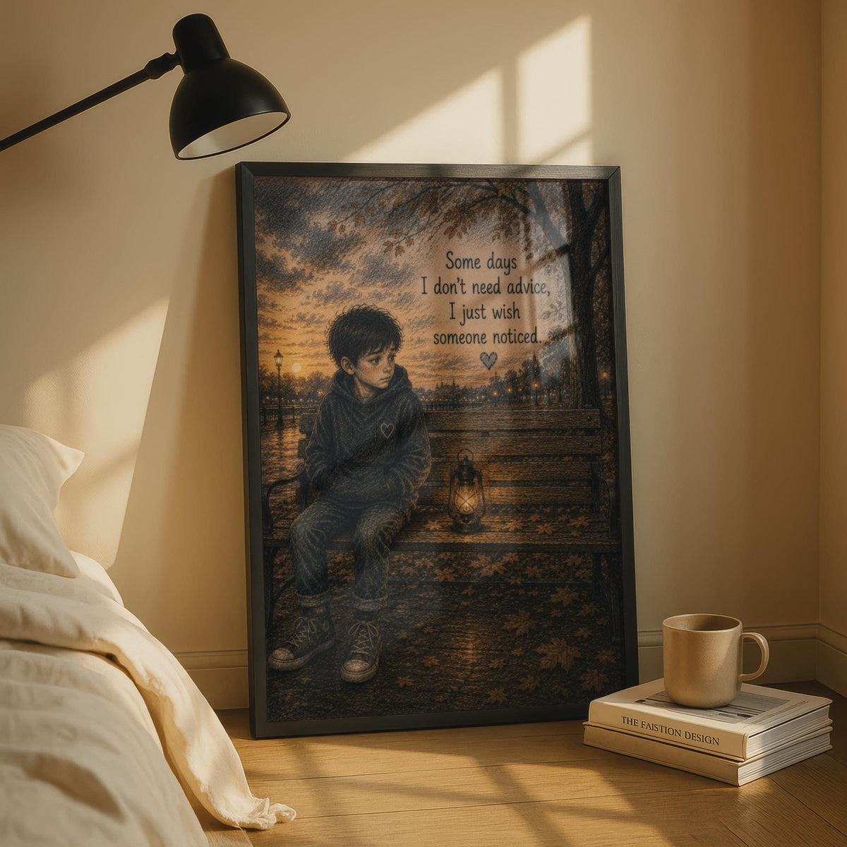 Lonely Boy Bench Poster, Autumn Quote Wall Art, Emotional Mental Health Print, Moody Illustration