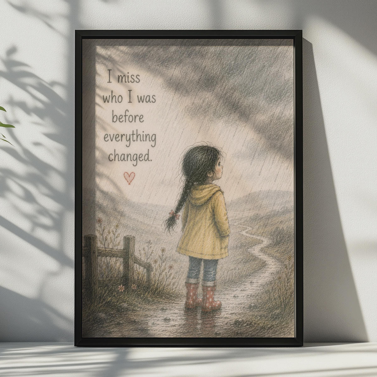 Emotional Quote Poster, Rainy Day Girl Illustration, Nostalgic Wall Art