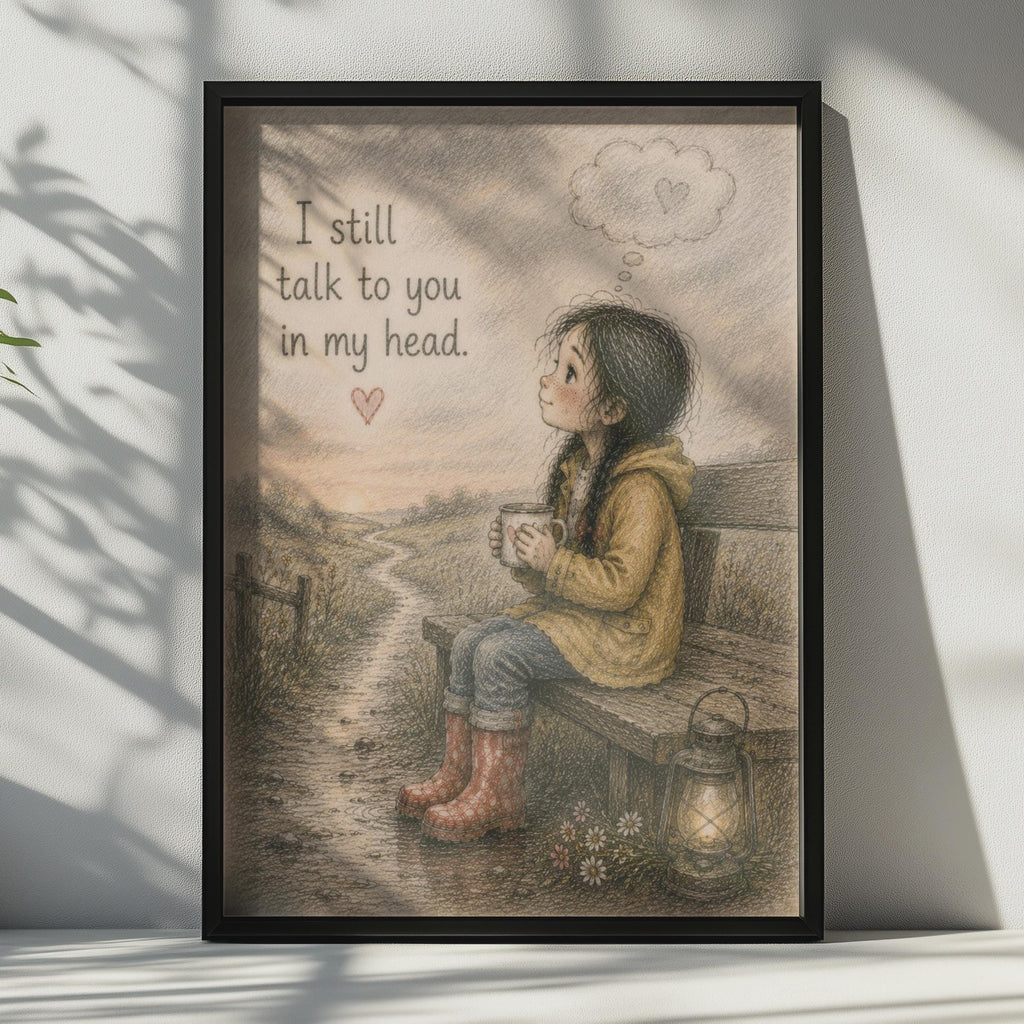 Grief Memorial Poster, Pencil Sketch Girl with Heart, Emotional Quote Art
