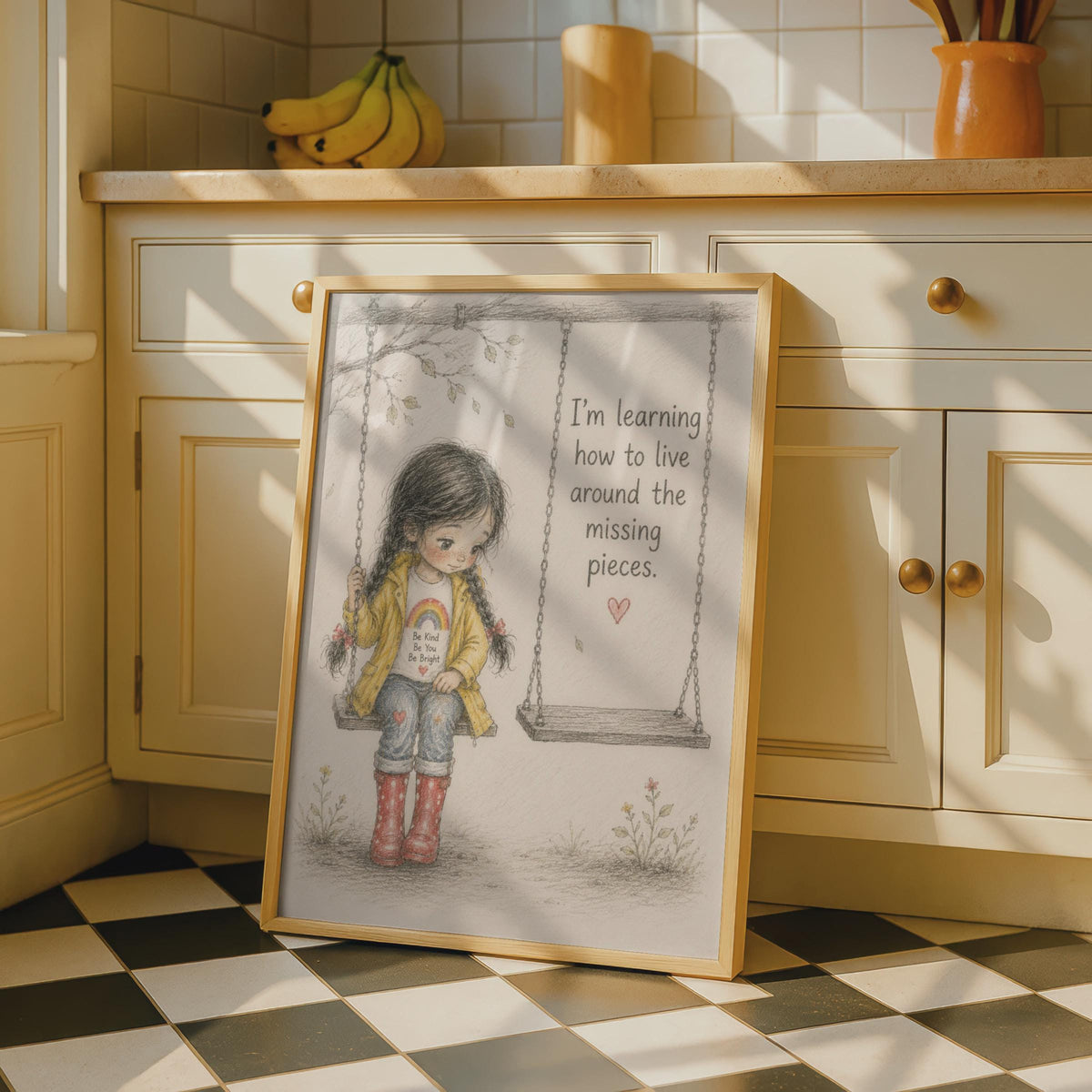 Missing Pieces Quote Poster, Little Girl Swing Sketch, Emotional Healing Wall Art, Grief Recovery