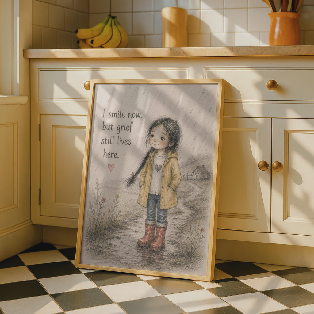 I Smile Now But Grief Still Lives Here Poster, Emotional Quote Wall Art Girl