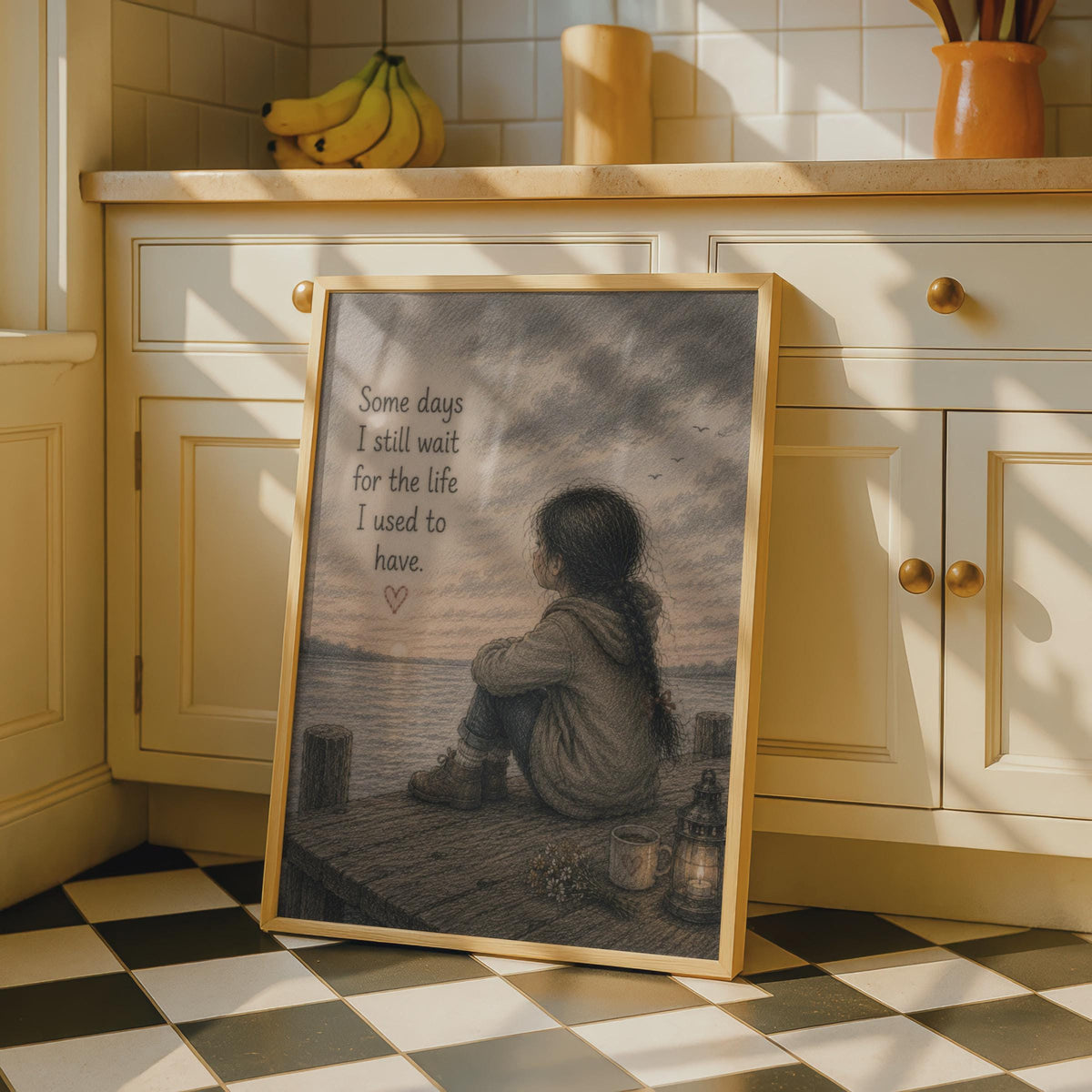 Emotional Quote Poster, Lonely Girl at Sunset, Pencil Sketch Wall Art, Grief Healing