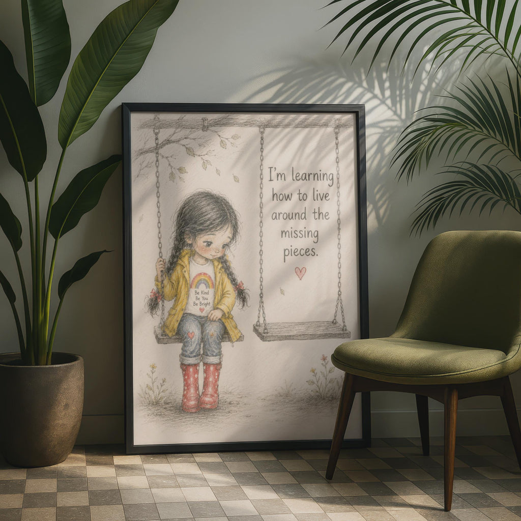 Missing Pieces Quote Poster, Little Girl Swing Sketch, Emotional Healing Wall Art, Grief Recovery