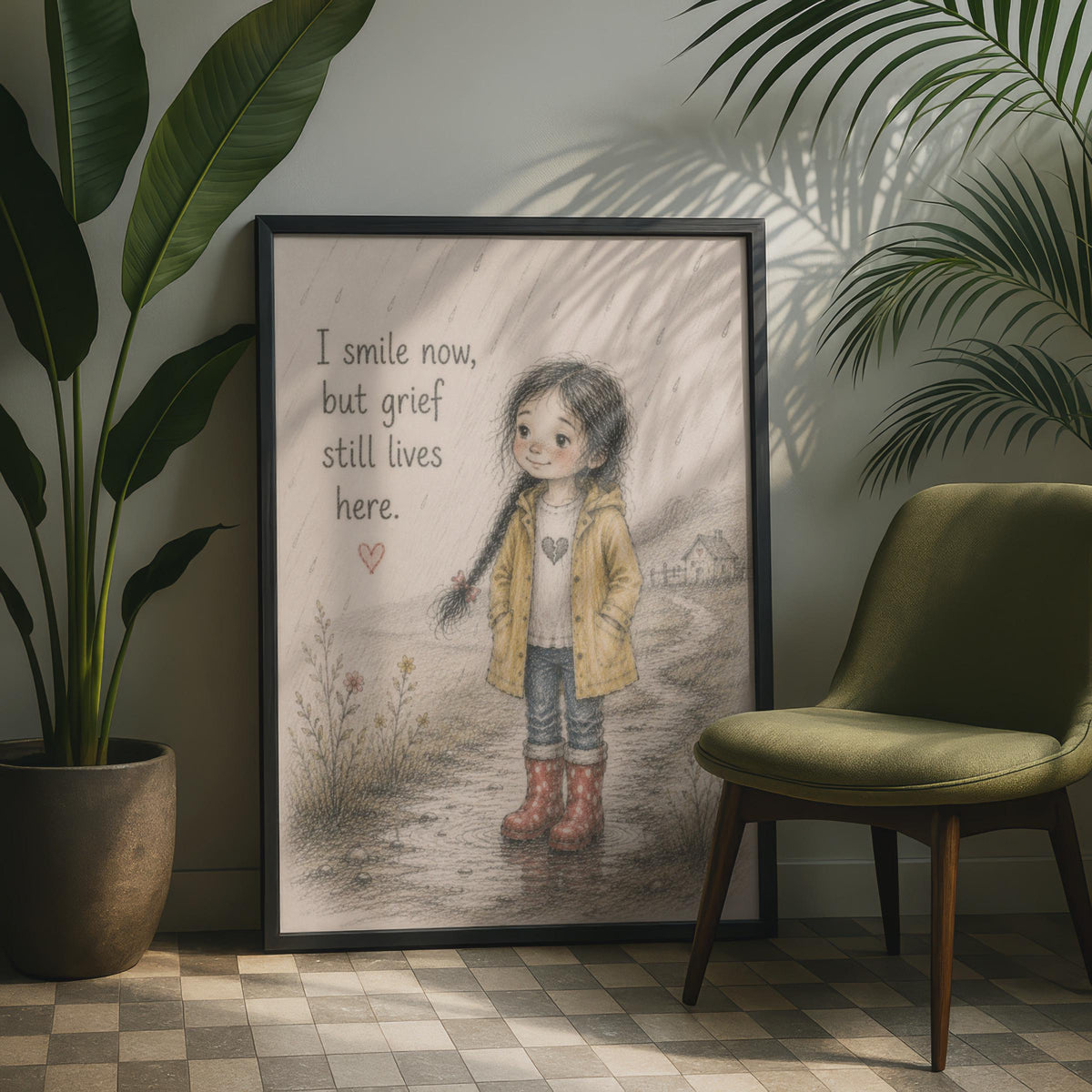 I Smile Now But Grief Still Lives Here Poster, Emotional Quote Wall Art Girl