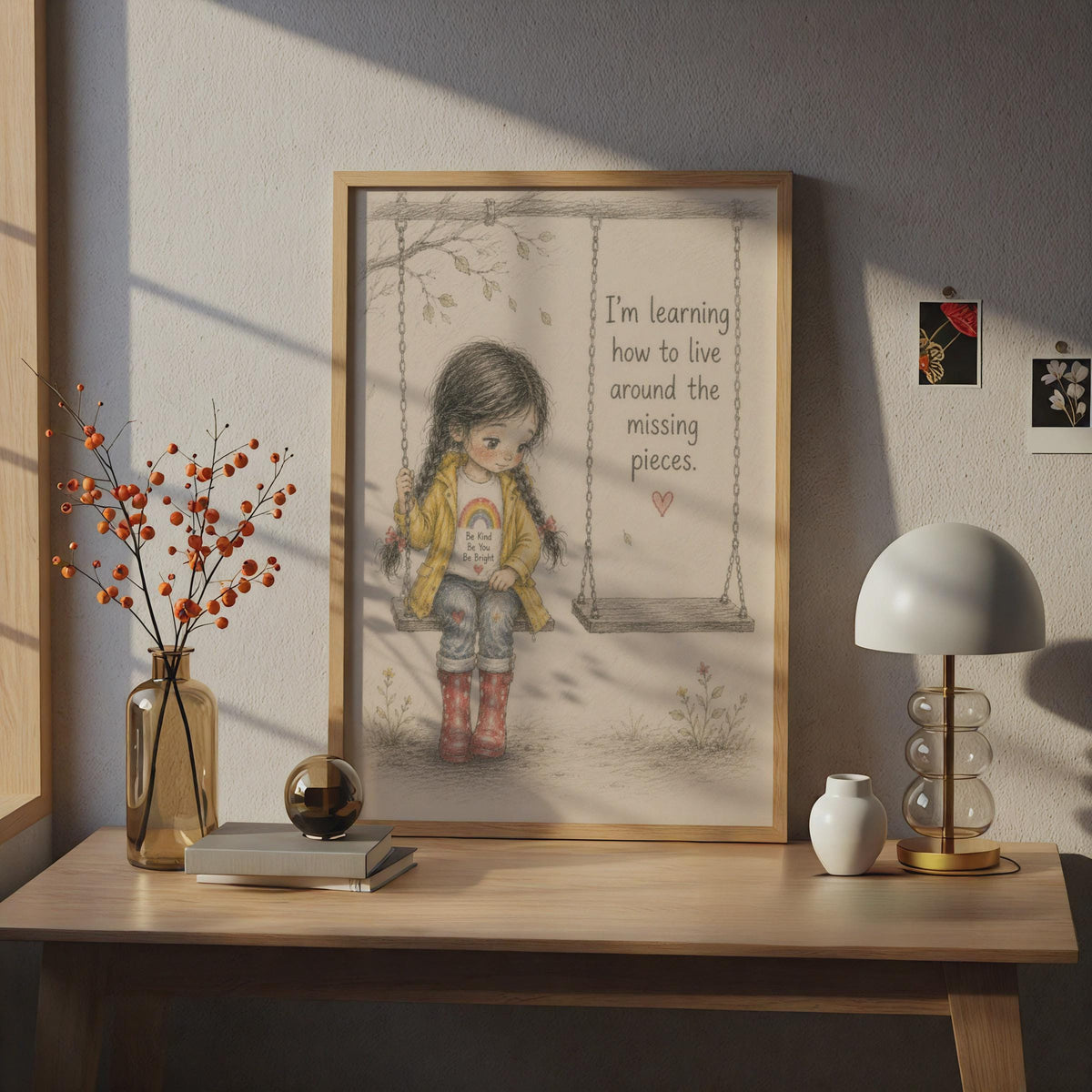 Missing Pieces Quote Poster, Little Girl Swing Sketch, Emotional Healing Wall Art, Grief Recovery