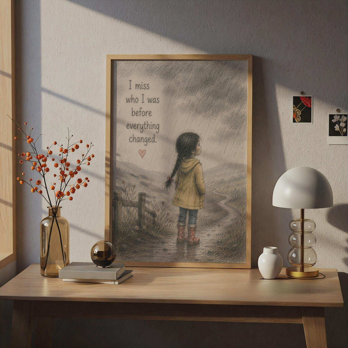 Emotional Quote Poster, Rainy Day Girl Illustration, Nostalgic Wall Art