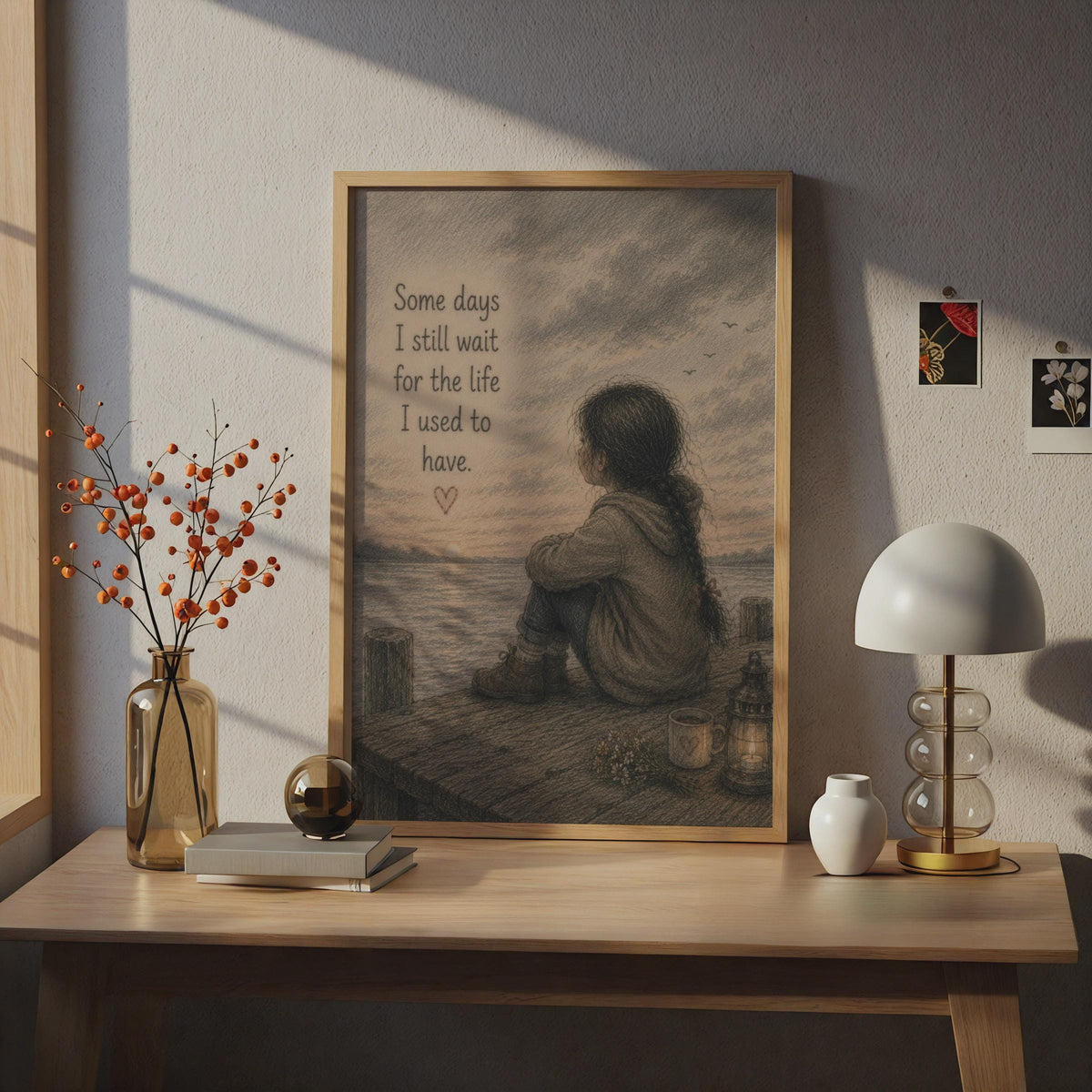 Emotional Quote Poster, Lonely Girl at Sunset, Pencil Sketch Wall Art, Grief Healing