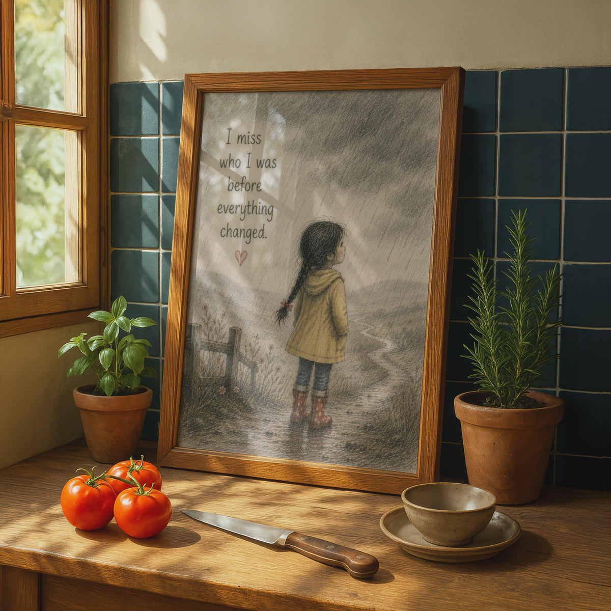 Emotional Quote Poster, Rainy Day Girl Illustration, Nostalgic Wall Art