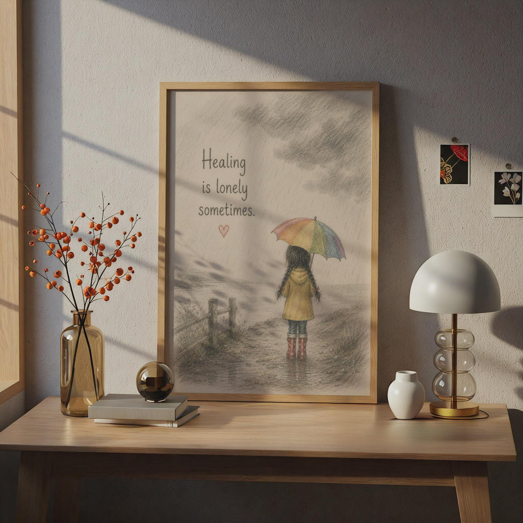 Healing Is Lonely Sometimes Poster, Emotional Quote Wall Art, Rainbow Umbrella Girl Print