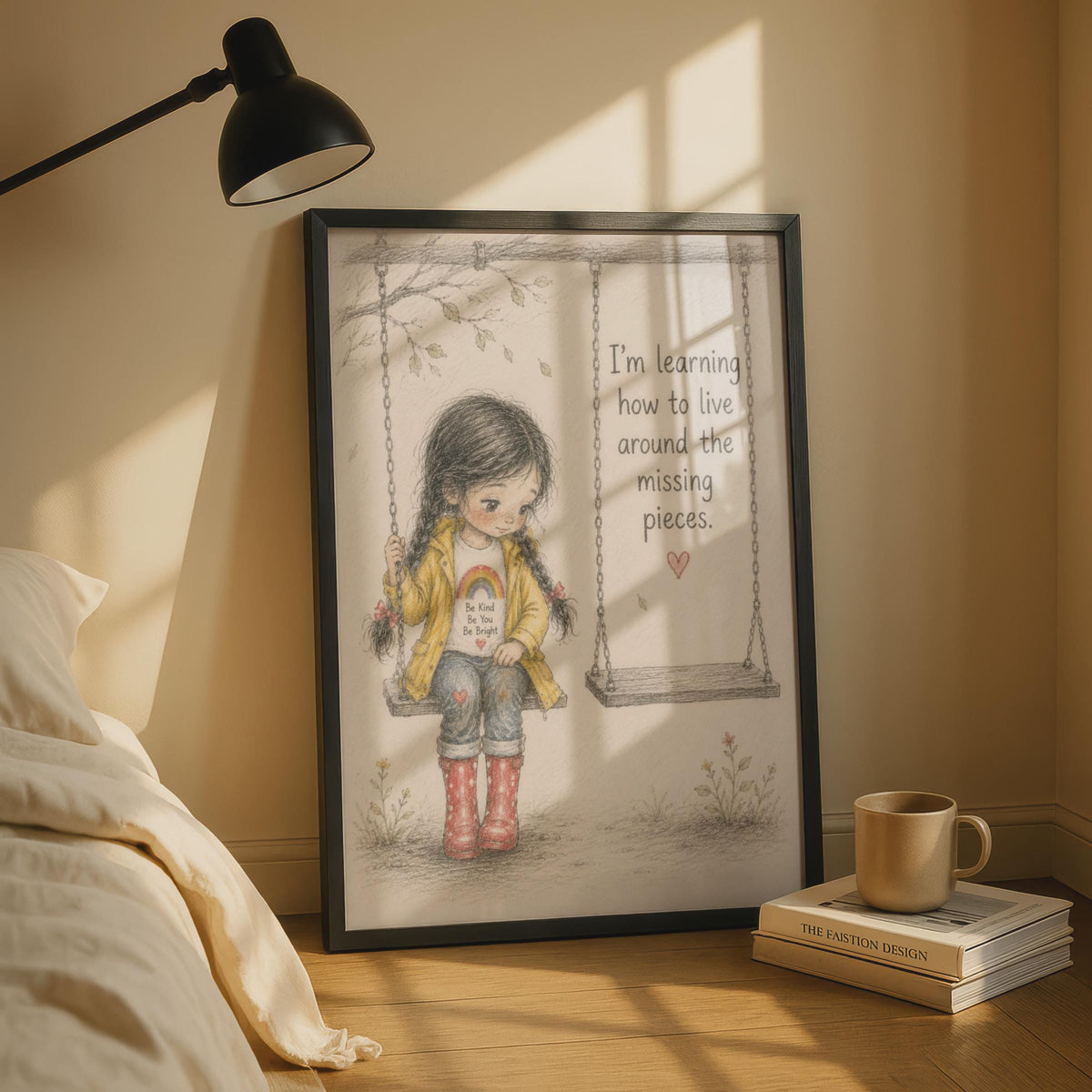 Missing Pieces Quote Poster, Little Girl Swing Sketch, Emotional Healing Wall Art, Grief Recovery