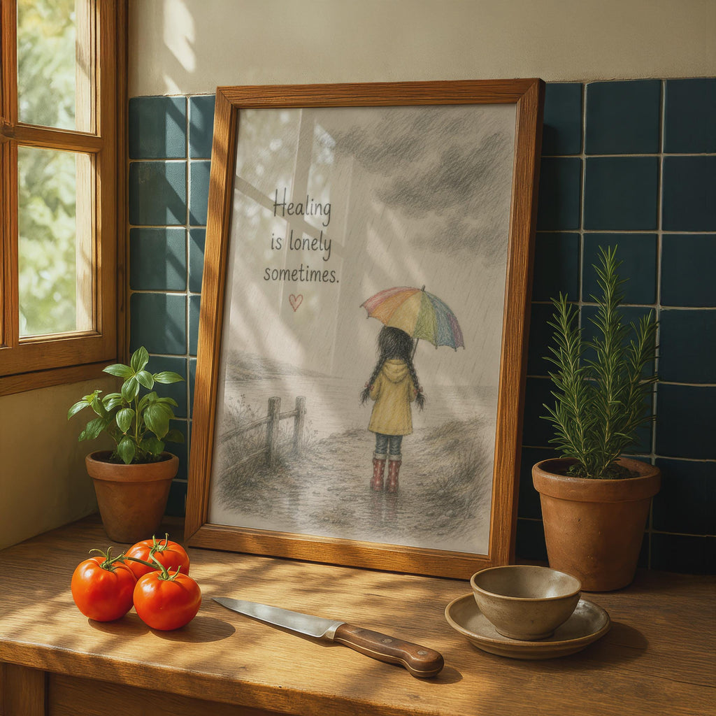 Healing Is Lonely Sometimes Poster, Emotional Quote Wall Art, Rainbow Umbrella Girl Print