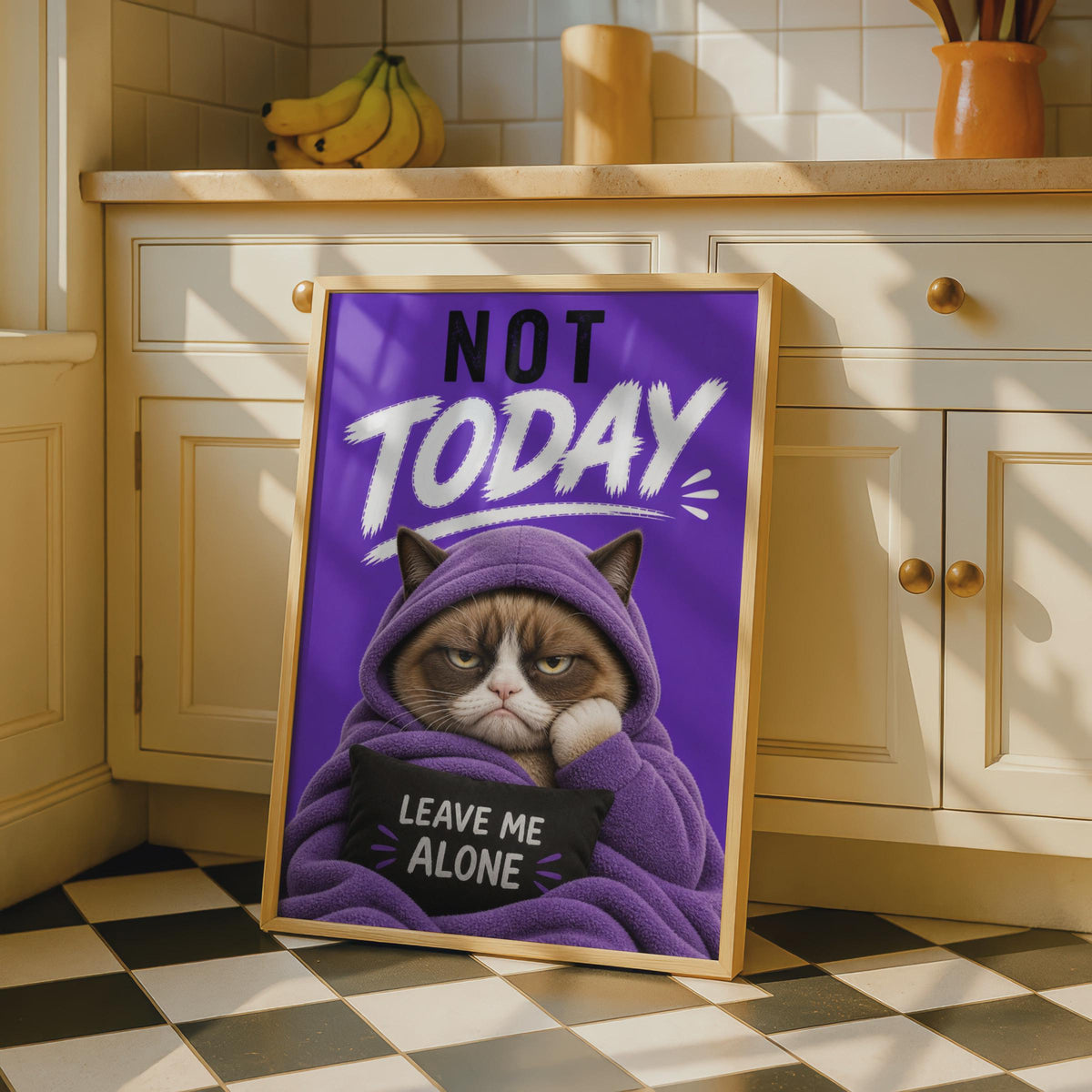 Grumpy Cat Poster, Purple Hooded Cat Wall Art, Sarcastic Leave Me Alone Gift