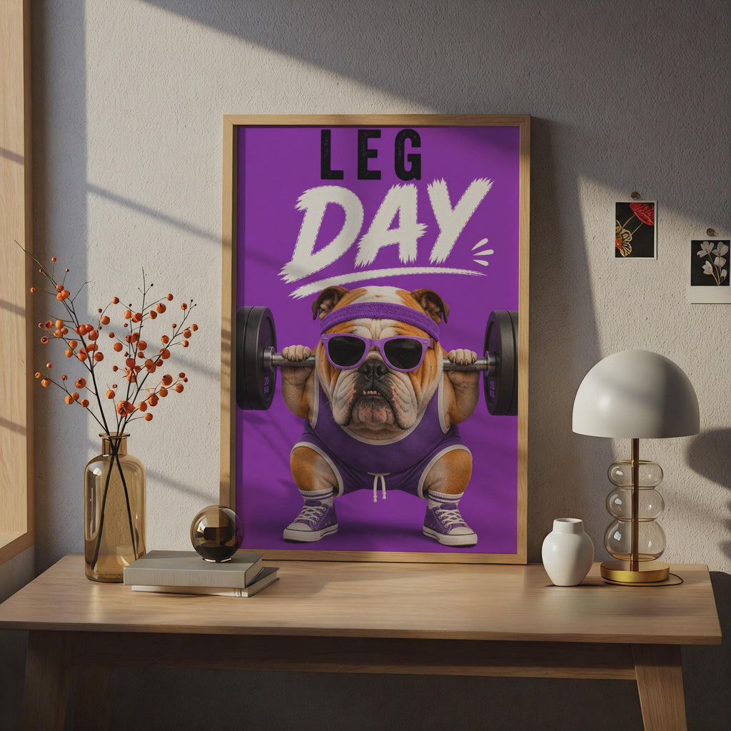 Leg Day Bulldog Poster, Funny Gym Wall Art, Purple Weightlifting Dog, Home Gym Decor
