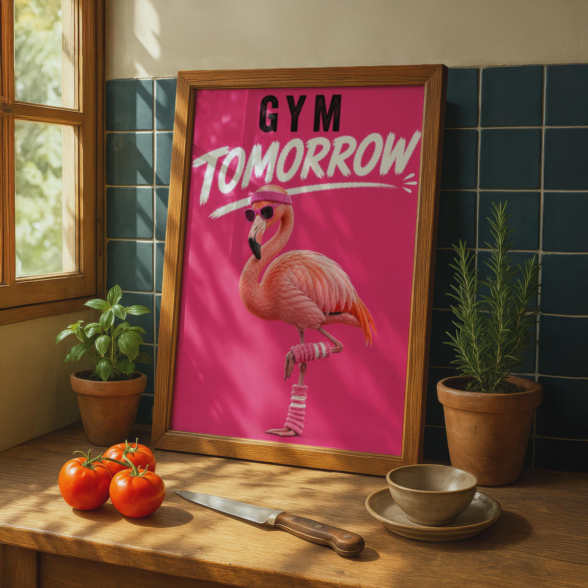 Gym Tomorrow Funny Flamingo Poster, Pink Humour Fitness Wall Art, Gym Decor